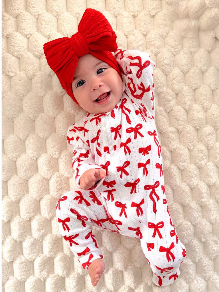 SIIX Collection - Red Bows / Organic Pointelle 2-Way Zip Romper: 18 - 24 mo.