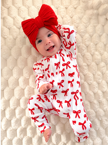 SIIX Collection - Red Bows / Organic Pointelle 2-Way Zip Romper: 18 - 24 mo.