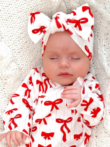 SIIX Collection - Red Bows / Organic Pointelle Bow: 0 - 6 mo.